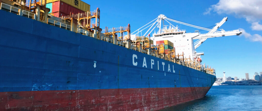 青空の下、コンテナを大量に積載して航行する巨大な貨物船